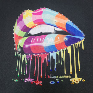 Psychedelic Lips V Neck T-Shirt for Ladies in White or Black with or without Bling