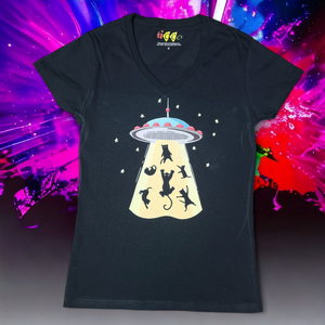 Kitty Abduction V Neck T-Shirt for Ladies in Black