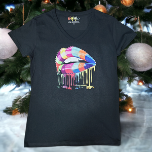 Psychedelic Lips V Neck T-Shirt for Ladies in White or Black with or without Bling